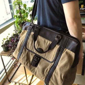 Fossil leather and canvas overnight duffel bag